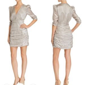 Saylor Silver Madonna Ruched Satin Mini Dress Plunge V-Neck Short Puff Sleeve L‎